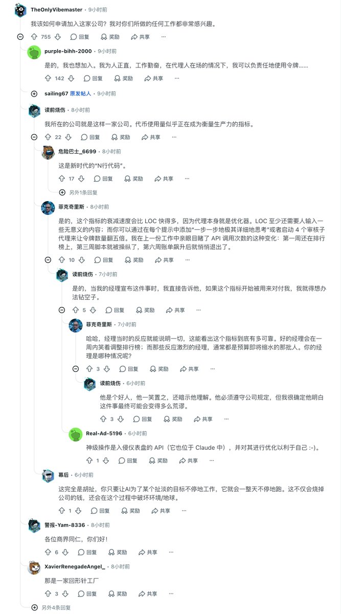 lumm256's tweet photo. 我在 r/ClaudeAI 发的帖子爆了，截止到现在 10 个小时，热度排第 3，浏览量 448K，评论 370，还在持续增长中，https://t.co/AN6BD2xnvD

事情是这样的，我们公司上周给每个研发分配了不限量的 CC sonnet 4.6，上周五研发领导发了一个Token 消耗排行榜，我就发了个如何能排名靠前的帖子。

首先是在 v2ex 上发的，发布 24 小时内，帖子在职场话题排第一，浏览量8000+，评论量 100+，11 人收藏，1 人感谢 https://t.co/muQID0iTYA。

国内评论的方向很多，最热评论是 Croow 的 「不要太靠前，中间位置就行」。

然后，我想对比看看英文社区如何看待这件事，同样的标题和内容，发到了每周访客数187 万的 r/ClaudeAI，没想到帖子热度比国内反应更激烈。

截几个点赞最多的图大家看看，更多有意思的评论欢迎到帖子里围观。