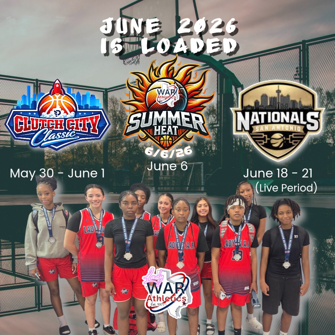warathtx's tweet photo. 🚨 JUNE CALENDAR SET! 🚨

​Our #LadyWARtx HS girls are hitting the court for 3 tournaments this June, featuring 2 premier Regional Showcase Events! 🏀🔥

​Catch us making noise at the #ClutchCityClassic in Houston &amp; the #SanAntonioNationals! Flyer below for dates. Let’s work! https://t.co/9uRqH0JZSv