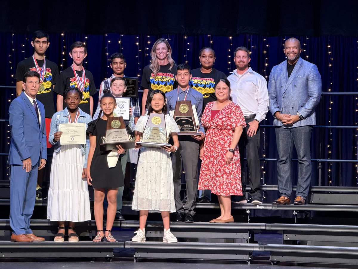 MrsThompson_WMS's tweet photo. Special Board Recognition Meeting tonight! Check out our UIL Academics 1st place winners and those FIVE championship trophies! 

#BeEliteWMS #HumbleISD_WMS https://t.co/OOx411eObN