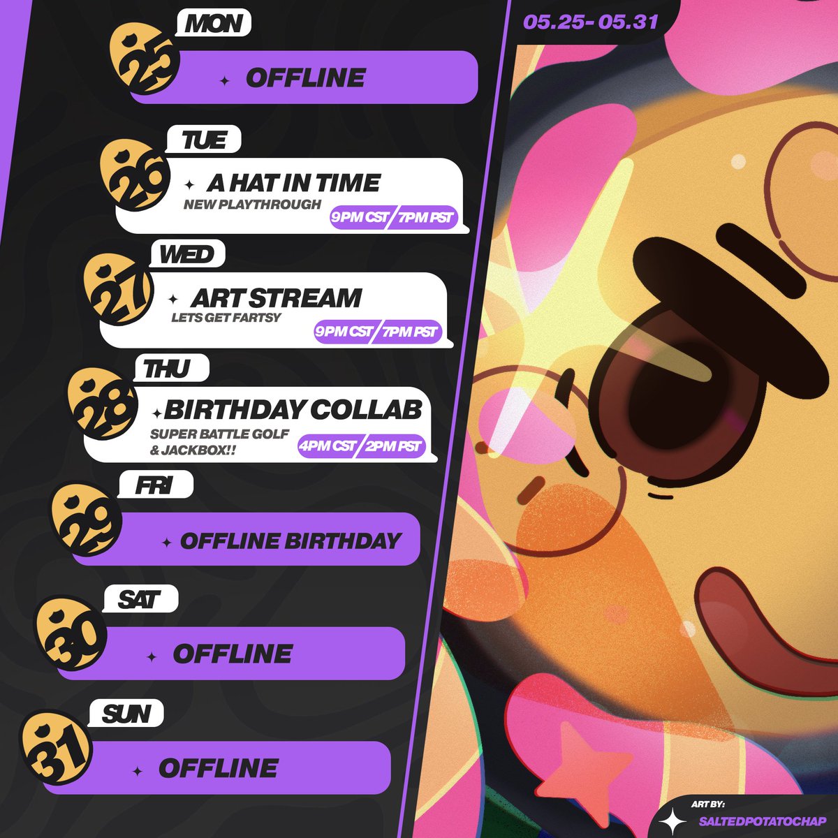 SaltedChap's tweet photo. Its My birthday week :3
Nothing too special, but a fun stream on Thursday with lots of friends!!! Please come on by if u can 🥔 https://t.co/35nOeiASoy