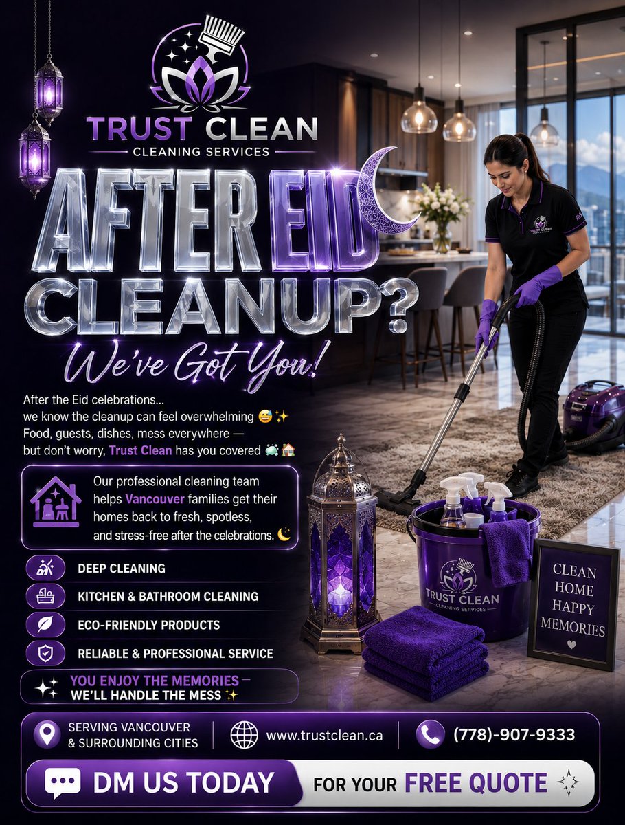 trustcleanvan's tweet photo. ✨ Guests gone. Mess everywhere. We’ve got you covered 💜

Professional after-Eid cleaning for Vancouver homes 🧼

📩 DM us today for your FREE quote!

#VancouverCleaning #HomeCleaning #TrustedCleaning https://t.co/VrnflufZVv