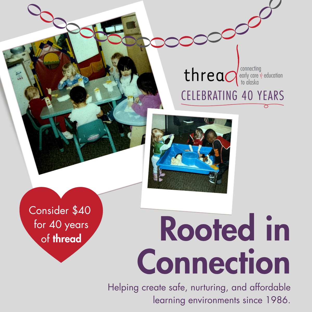threadalaska's tweet photo. As we celebrate this milestone year, we invite you to support our $40 for 40 Years Campaign and help thread continue connecting families and educators with the resources they need to help Alaska’s littlest learners thrive. ✨ 

❤️ Make a gift here:

https://t.co/MzWMjXB2Gr https://t.co/iZodlMlwcf