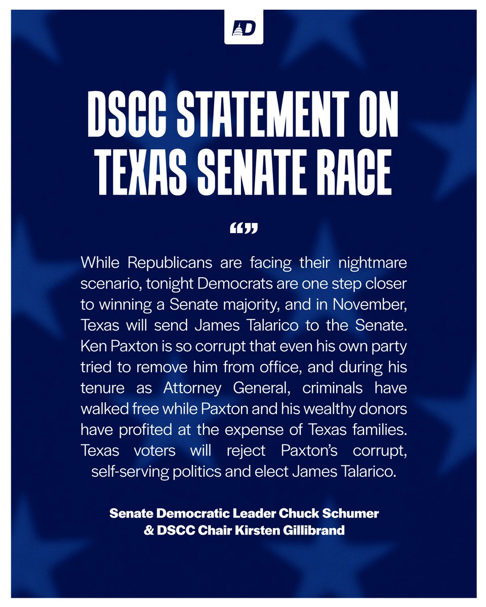 dscc's tweet photo. Texas voters will reject Paxton’s corrupt, self-serving politics and elect James Talarico. https://t.co/dXZpnqRncW