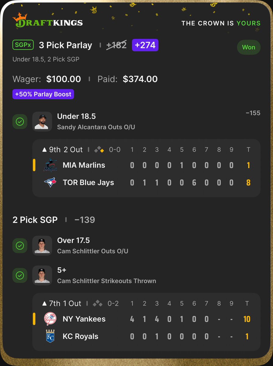 SC_FFB's tweet photo. ✅ Sandy Alcantra Under 18.5 Outs
✅ Cam Schlittler Over 17.5 Outs
✅ Cam Schlittler 5+ Strikeouts

Cash the the free +274 banger 💰
🔗 https://t.co/dFvYIhLeub https://t.co/DpWvFGQ4Em