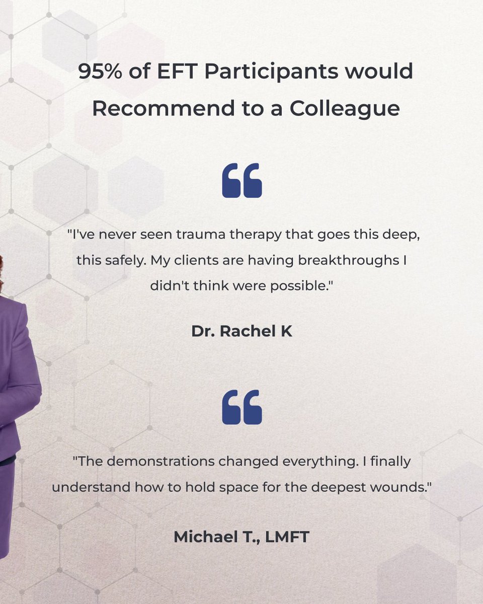 Psychwire's tweet photo. Grounded in the science of attachment theory and the power of emotion, EFT helps clients understand how the protective strategies that once helped them cope have come to fuel their distress.

Learn how EFT can help your clients access deeper emotional experiences and new ways of relating to themselves and others.

What you’ll learn:

◆ Step-by-step guidance through the EFT model
◆ In-depth therapy demonstrations showing EFT in session
◆ 12 CE/CME hours

★  4.4 rating
✔︎  95% would recommend EFT at Psychwire

Enroll Today
https://t.co/WvJra9i65u