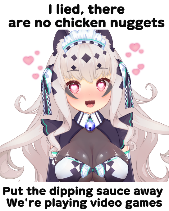 Miraclawchan's tweet photo. Oookay~ fiiine~ We can game and eat nuggies. Just dont get any sauce on my controller! /ᐠ ¬`‸´¬ マ https://t.co/BWXiE7hzIf