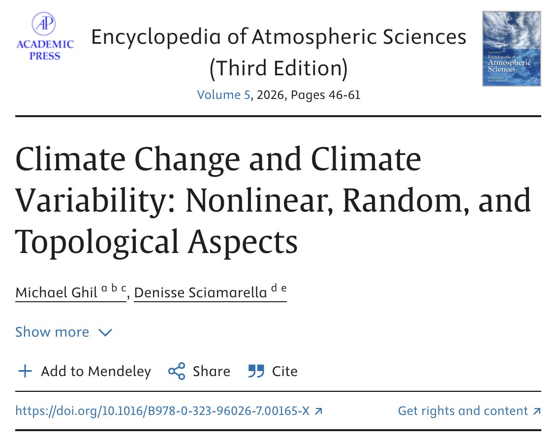 DSciamarella's tweet photo. Ghil, M., Sciamarella, D., 2026. Climate Change and Climate Variability: Nonlinear, Random, and Topological Aspects. In: Robinson, W.A. (Ed.), Encyclopedia of Atmospheric Sciences, vol. 5. Elsevier, Academic Press, pp. 46–61. https://t.co/0pV7VjA7UU https://t.co/1Oc3BBXSoz