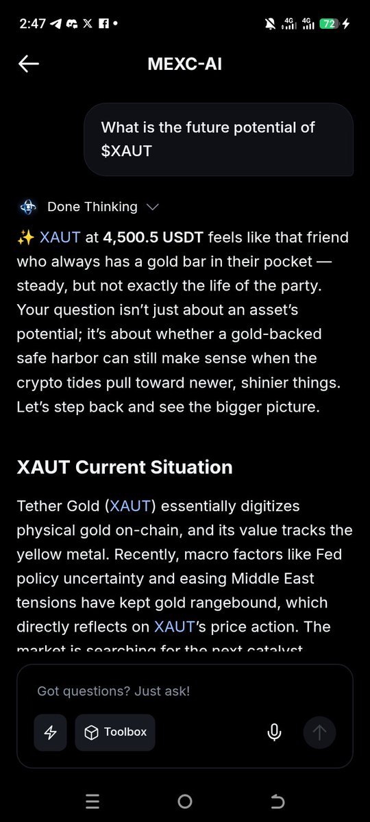 Khloes_Gram's tweet photo. I asked MEXC AI about the future potential of $XAUT.

#MEXC
UID = 39714507 https://t.co/nJkEGoJ8go