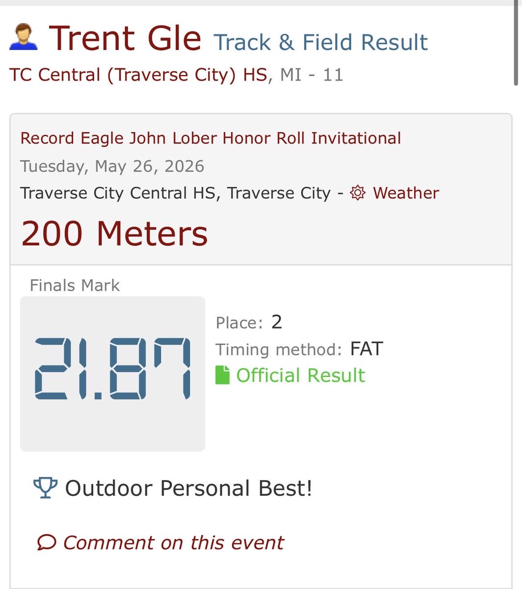 TrentGle's tweet photo. Two new PRs today at the Record Eagle Honor Roll Invitational - 10.86 100m and 21.87 200m
@TrojanStrength @TCCHSfootball https://t.co/whM69ChJ6c
