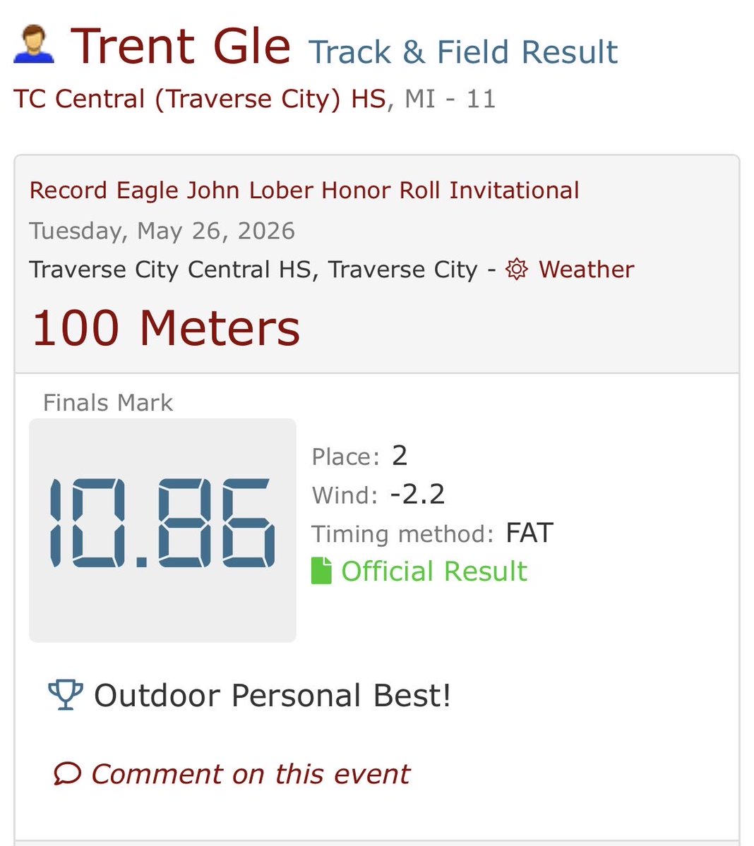 TrentGle's tweet photo. Two new PRs today at the Record Eagle Honor Roll Invitational - 10.86 100m and 21.87 200m
@TrojanStrength @TCCHSfootball https://t.co/whM69ChJ6c