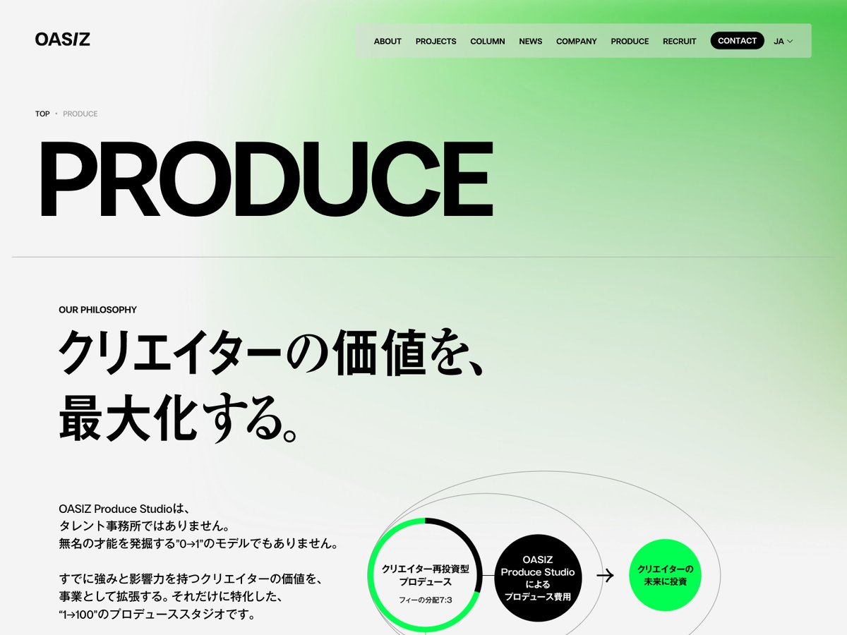 s5style's tweet photo. 【“混沌”を可視化したコーポレートサイト】
巨大なタイポグラフィと流動的なグリーンのグラフィックにより、クリエイターを取り巻くエネルギーや拡張性を予感させます。プロデューススタジオの思想が、視覚的にも強く伝わるデザインです。

OASIZ
https://t.co/KfZqoBqw7A https://t.co/p9gyMqPunT