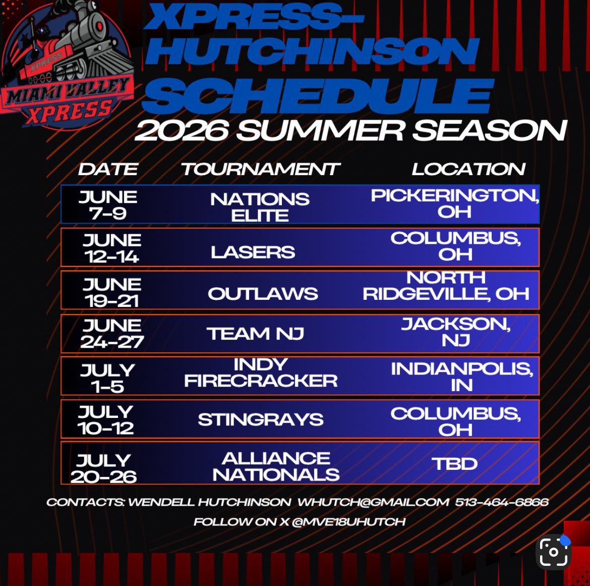 MVE18uHutch's tweet photo. Miami Valley Xpress 18u Summer schedule 2026 https://t.co/K9U7Tfhe9m