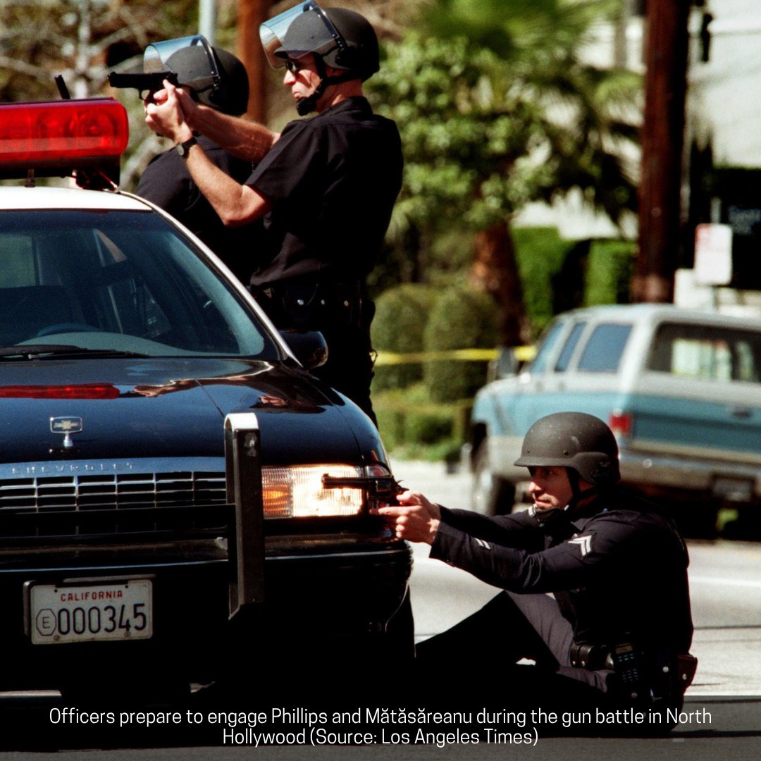 case_file's tweet photo. Casefile Archives 11: North Hollywood Shootout

1. Officers prepare to engage Phillips and Mătăsăreanu during the gun battle in North Hollywood
2. LAPD officers use patrol cars for cover during the prolonged gun battle
3. One of the gunmen fires outside the Bank of America branch during the North Hollywood shootout
4. Phillips fires from behind a vehicle during the North Hollywood shootout