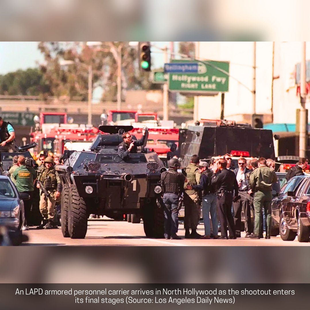 case_file's tweet photo. 5. Employees emerge from the Bank of America after the shootout 
6. SWAT officers rescue civilians caught in the crossfire 
7. An LAPD armored personnel carrier arrives in North Hollywood as the shootout enters its final stages 
8. Emil Mătăsăreanu under police custody, moments before his death