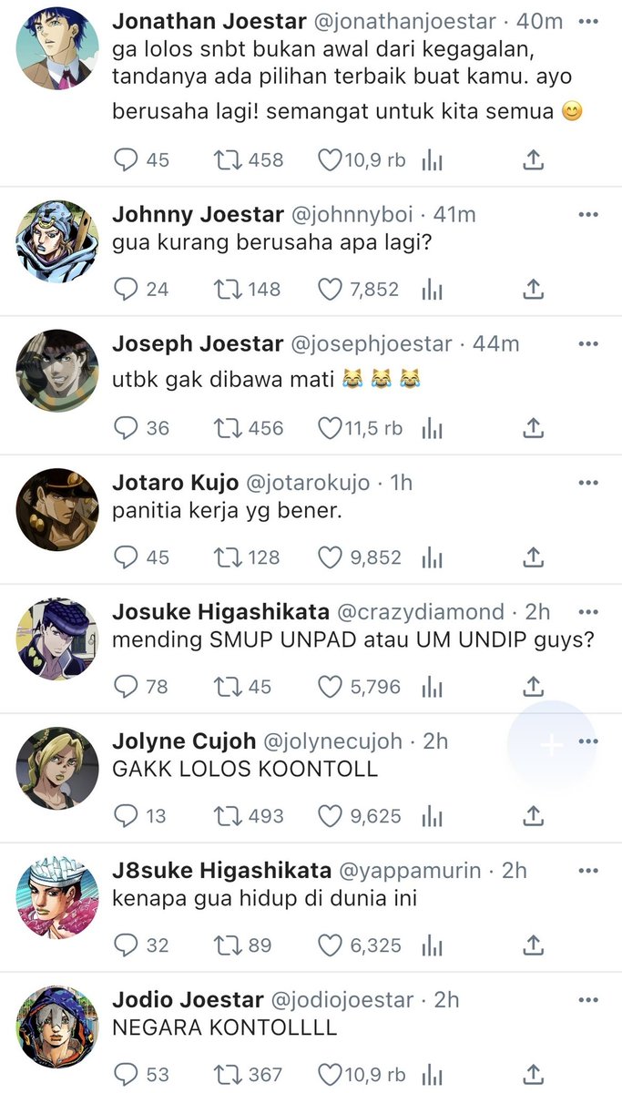 JJBAFESS's tweet photo. jjba! cw // mentioned of snbt utbk , a bit harsh words

tipe-tipe mc joestar ketika ga lolos snbt ! 🙂‍↕️

https://t.co/0rkr8y9mPX