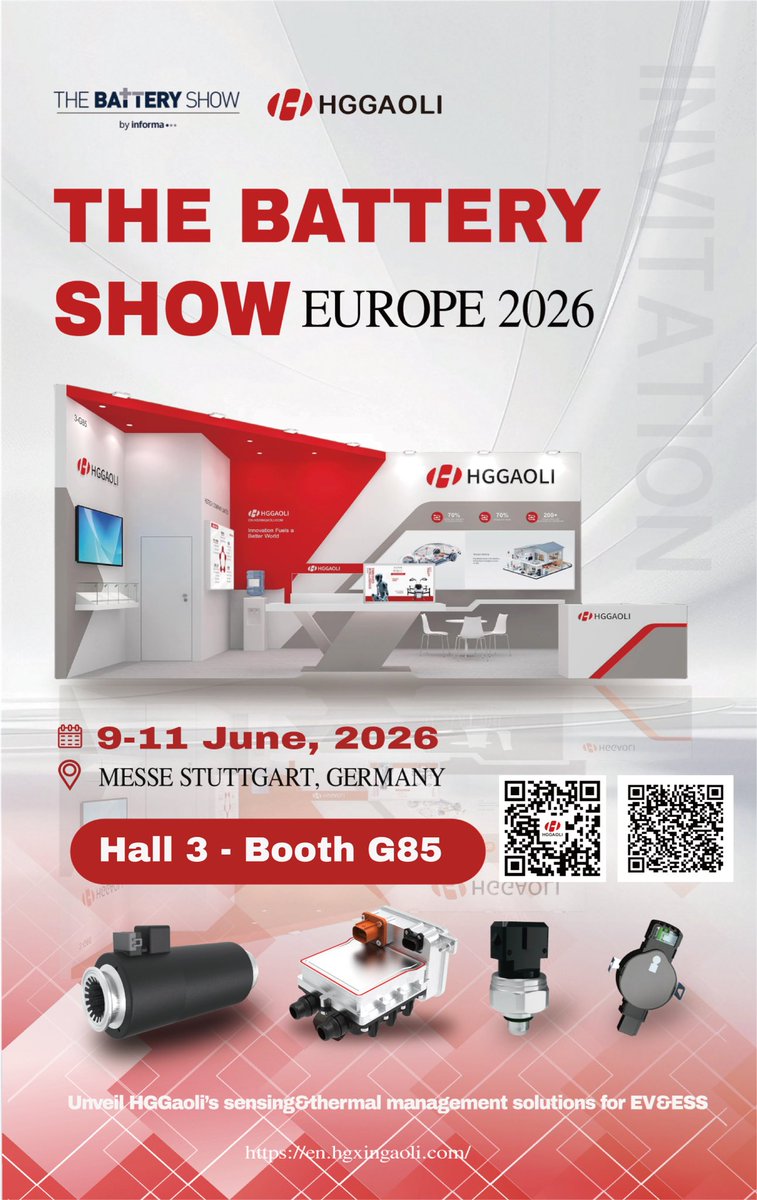 GaoliHg's tweet photo. 💡HGGaoli to Make an Appearance at The Battery Show Europe 2026！
📅2026.06.09~06.11
🚩Messe Stuttgart, Germany
📷Meet us at Hall 3, Booth G85 to discover our innovative solutions for EV &amp;ESS industry! 👉 https://t.co/KrMvvoCdQN