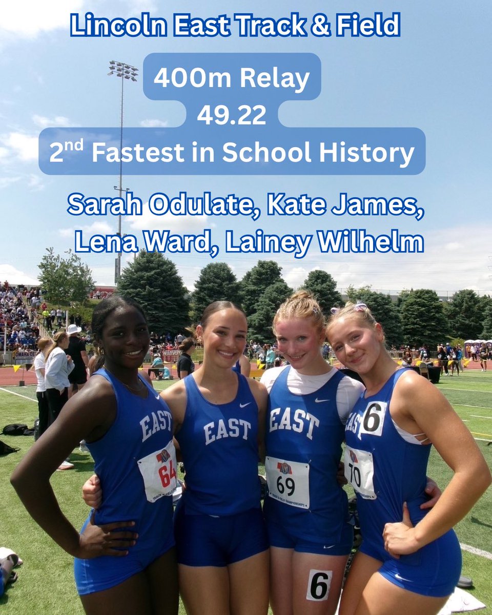 LE_Track's tweet photo. Girls 400m Relay team ran the 2nd Fastest time in Lincoln East history. https://t.co/S0k7d8RzbI