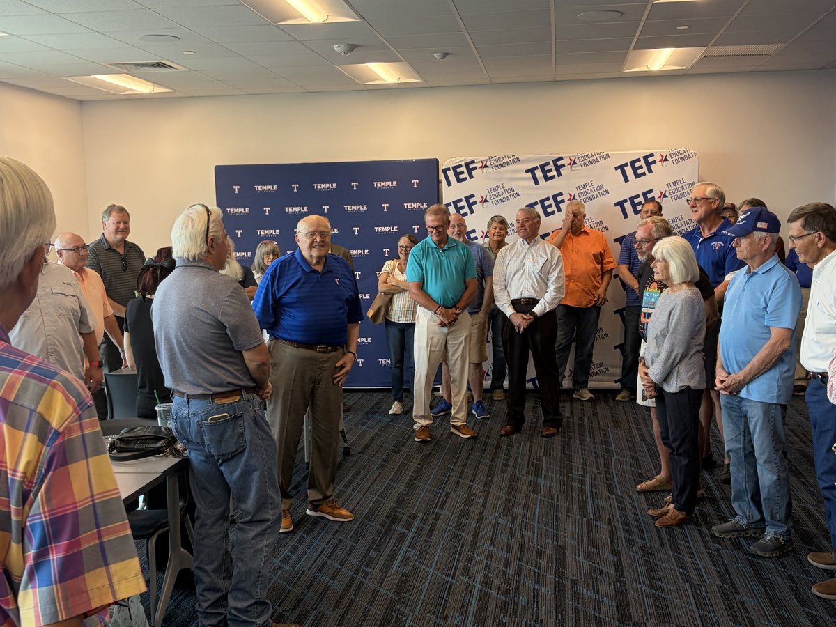 TempleISD's tweet photo. A special celebration honoring Coach McQueen’s endowed scholarship with the Temple Education Foundation brought together so many former players, coaches, and friends to celebrate his incredible legacy. It was amazing to see generations come together to honor a coach who has impacted so many lives. We love you, Coach McQueen! 💙 #TempleISDproud