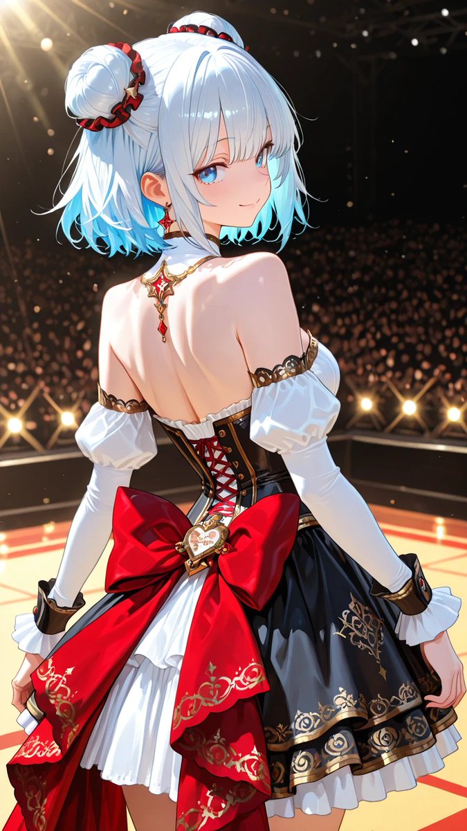 oteranosekai's tweet photo. 【第36回衣装試着】 
今回のテーマは「紅のアイドル衣装」です。 
皆さんの「うちの子」（版権物問いません）にご試着ください。 
プロンプトに関するルールがないですが、再配布、商用利用は断固お断りします。 
使用条件は【重要：フォロー後ご使用ください】 
※フォロー外の方の使用をお断りします。 
テーマ【うちの子に紅のアイドル衣装を試着させてみよう！】 （紅にこだわっているので色の変更は禁止です）

プロンプトは一番下に記載します。 
それを使い皆さんの「うちの子、版権物」に試着させて【リポスト⇒引用する】で投稿してください。 
またうちの子の「お名前」を記載してください。 
投稿枚数：1人何枚という制限なし（今回に限り1キャラ1枚ずつの投稿を願います） 
ハッシュタグは #紅のアイドル衣装ご試着 #プロンプト試着　です。（2つになります） 
その他のハッシュタグ使用はお任せします。 

期日：～2026/5/31　23：59まで（3日間）  

【私がリポストする作品はコラボイラストのみです（ただし今回に限り、投稿数増加に伴い遅くなりますことをご了承ください）】

(Core Outfit Structure - 1/3)
A sophisticated, structured anime-style idol costume ensemble in various shades of vibrant crimson and deep ruby red with clean white accents. The top is a detailed corset-style bodice featuring intricate ruby red and white paneling, separated by delicate gold filigree embroidery and patterns. It has a slight sweetheart neckline. At the center of the waistline, there is a prominent, stylized multi-point star made of layered fabric (red, white, gold) with a distinct gold star charm hanging from its bottom point.

(Ruffles and Skirt Design - 2/3)
The skirt is the highlight: an extremely voluminous, multi-tiered ruffled micro-skirt. It features numerous fine pleats. The layers alternate meticulously between deep crimson red, crisp white, and a specific red-on-white plaid pattern. Crucially, every individual ruffle edge is lined with polished gold piping, creating sharp definition with movement. A deep red satin waist sash with gold patterns drapes gracefully over the right side of the ruffles.

(Accessories and Material Detail - 3/3)
Included are detailed, gold-edged wrist cuffs (sleeves are separate, bare shoulders). The material must look like high-quality performance fabric, with the embroidery appearing tangible. The overall design is a complex construction of fine ruffles and structured plating. The scene is a concert stage with spotlights, capturing the dynamic movement of the costume. High-resolution anime style, macro detail on fabric texture.