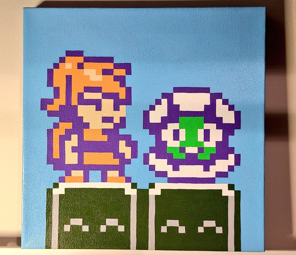 matthughson's tweet photo. Check this out!

Amazing hand-painted pixel fan art, courtesy of @Bammertime14!

It looks perfect next to the Witch n' Wiz art he did for me a few years ago.

#nesdev https://t.co/PUwnQKj6Ll