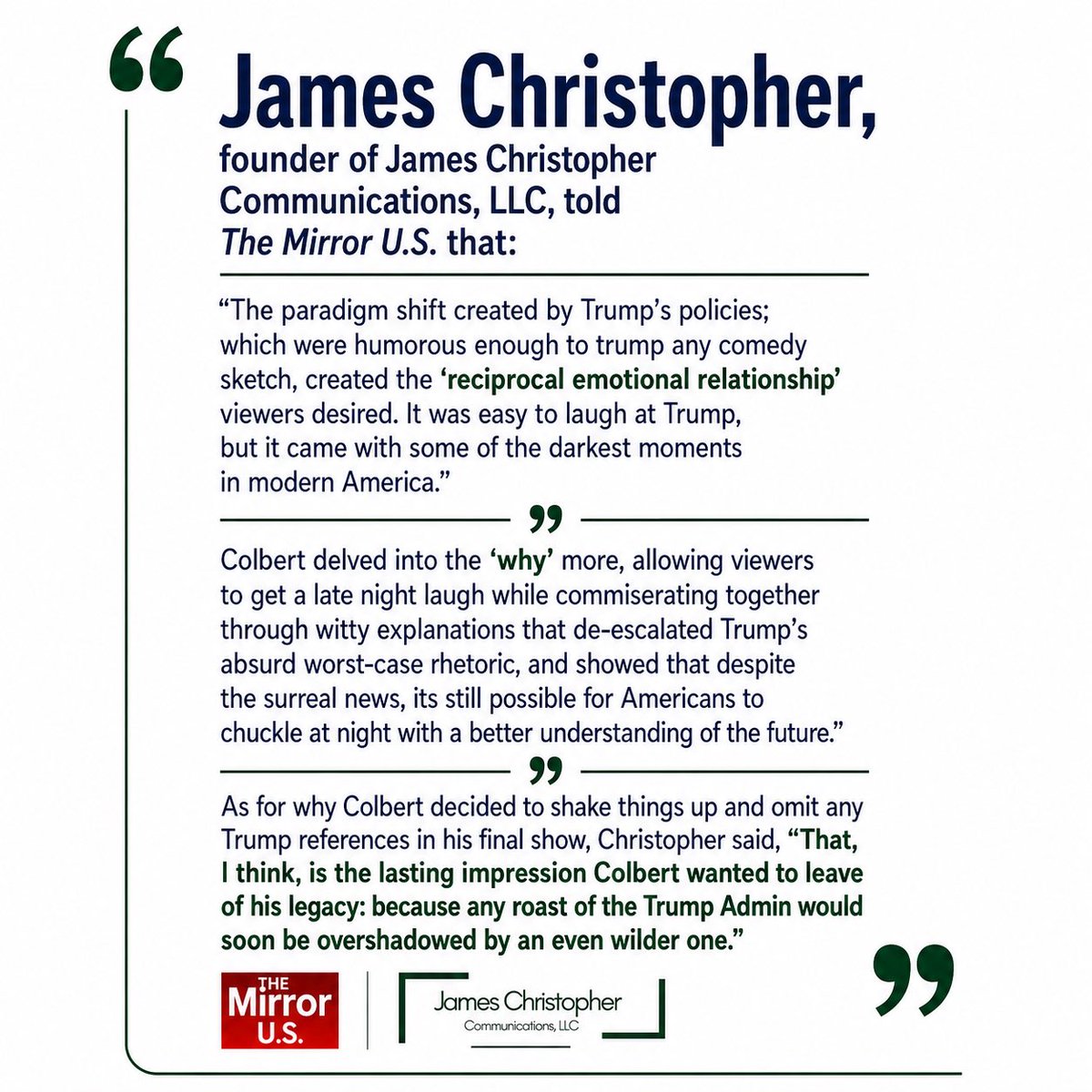 James_C_PR's tweet photo. “A lasting impression Stephen Colbert left the @colbertlateshow was that any Trump joke would be trumped by an even wilder one in real life.”

Shared my thoughts on the  #latenightshow ending &amp; omitting @POTUS via @MirrorUSNews; https://t.co/PPohiISuXS