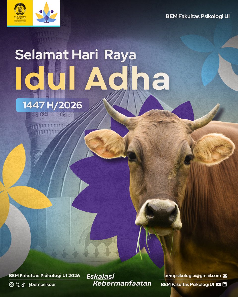 BEMPsikoUI's tweet photo. [SELAMAT HARI RAYA IDUL ADHA 1447 H / 2026]

Semoga Hari Raya Idul Adha membawa keberkahan, kedamaian, serta kebahagiaan bagi kita semua dan orang-orang terkasih.

BEM Fakultas Psikologi UI 2026 
#EskalasiKebermanfaatan https://t.co/DWviPHpSao