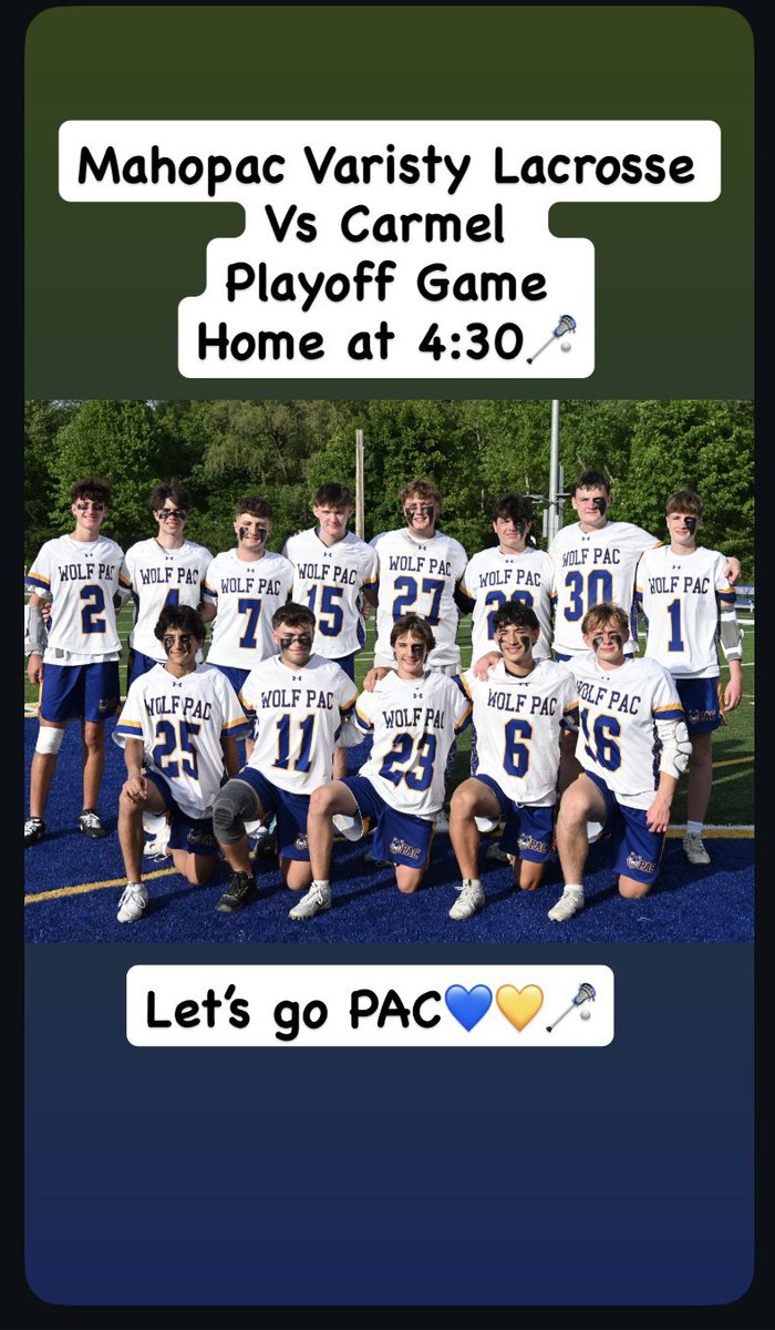 Paclaxbc's tweet photo. Wednesday 5/27 
4:30 Home🥍 
@MahopacLax1 @MahopacManiacs @Haddeland11 @Mahopac_AD @DirectRays https://t.co/bpDXZwOWs1
