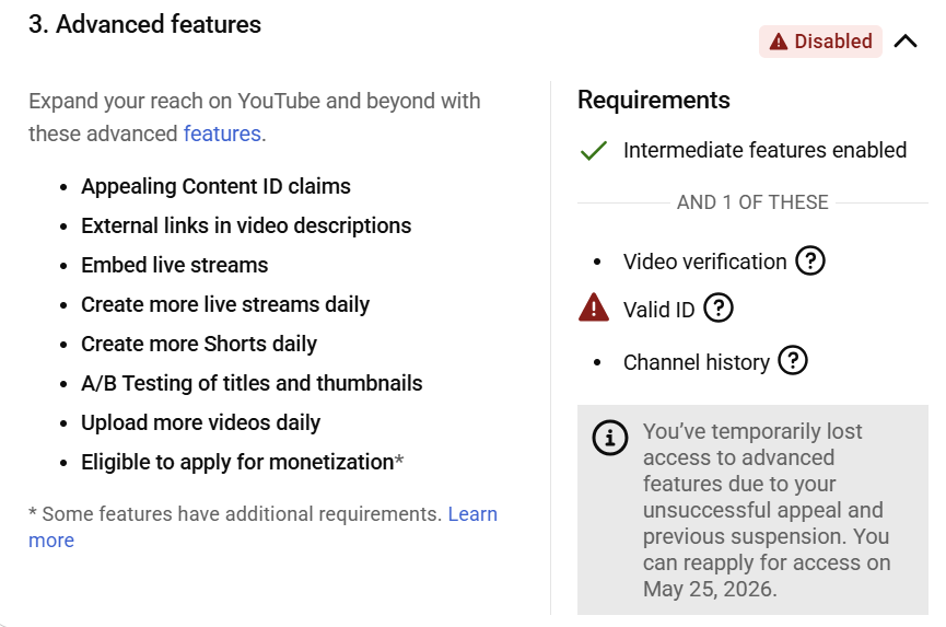 noahcmcknight's tweet photo. @TeamYouTube can you help me? I got a DM but never recieved a email with further instructions. I am trying to get my advanced features back. https://t.co/xHnjbLxdyo