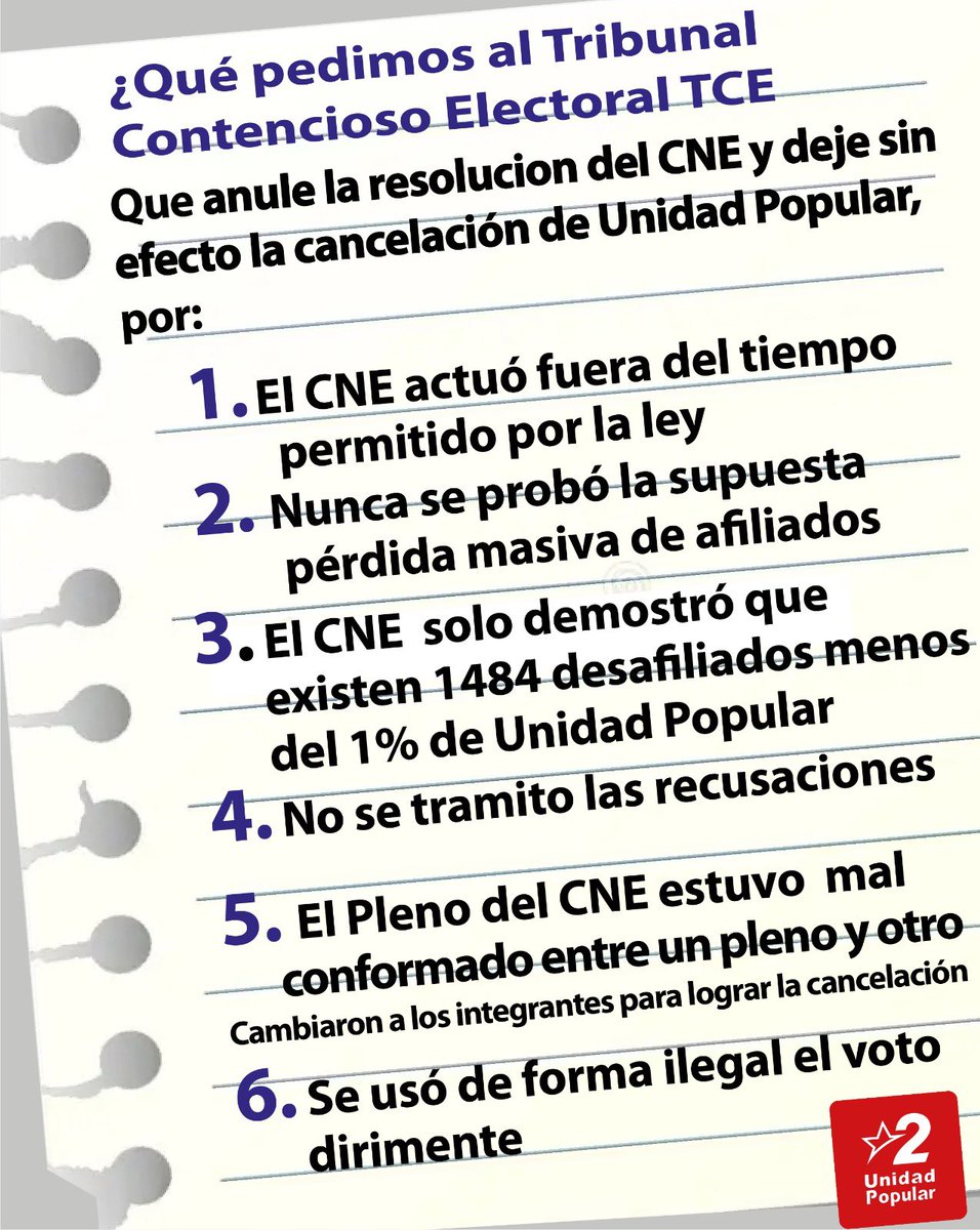NatashaRojasUIO's tweet photo. Razones por las que pedimos la nulidad del proceso de cancelación de Unidad Popular al @TCE_Ecuador https://t.co/vdiLTKTTwj
