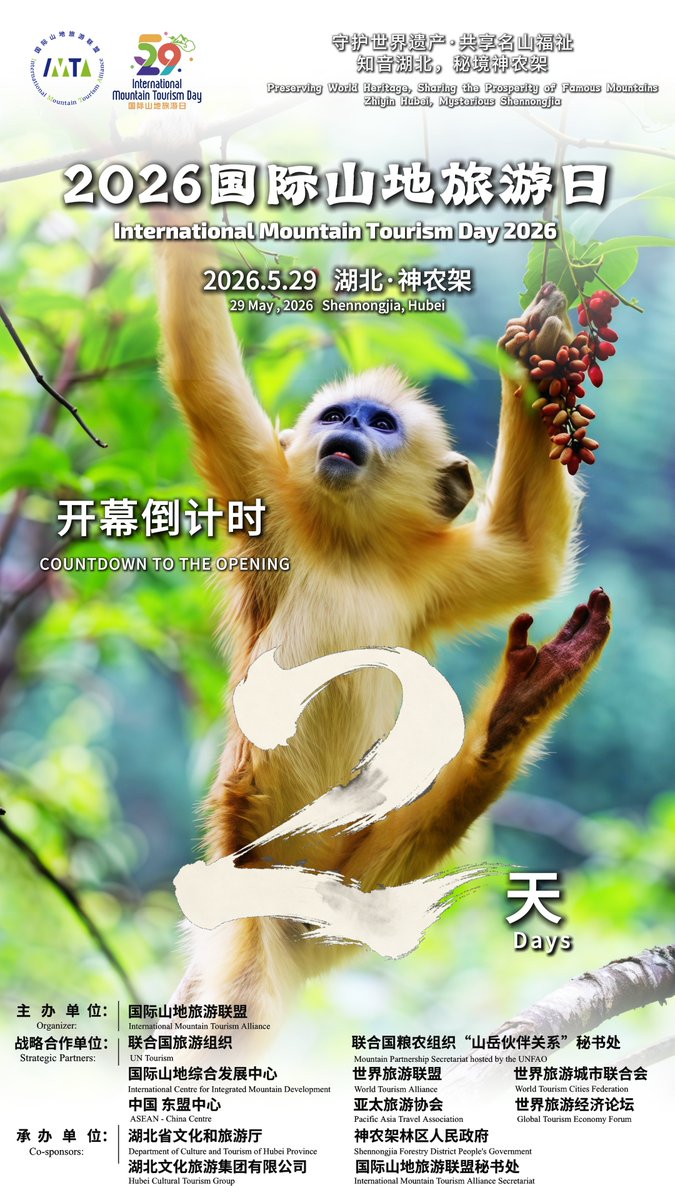 IMTAOFFICIAL's tweet photo. Exciting! Only 2 days to go!⏳🏔️  
The countdown is on for  International Mountain Tourism Day 2026 on  29 May  in the breathtaking  Shennongjia, Hubei Province, China .  

This year’s theme — “Preserving World Heritage, Sharing the Prosperity of Famous Mountains – Zhiyin Hubei, Mysterious Shennongjia” — perfectly captures the spirit of protecting these natural treasures while creating shared prosperity through sustainable tourism. 
 
Highlights to look forward to: 
🏔️ Opening Ceremony
🌿 Dialogue among World Famous Mountains 2026
✨ IMTA Night of Shennongjia
🤝 Cultural & Tourism Exchanges

 It’s wonderful to see global leaders, organizations, and experts coming together to focus on ecological protection, sustainable development, and the bright future of mountain tourism.  

Mountains truly do connect people, cultures, and nature — and events like this help ensure that connection thrives responsibly for generations to come.  Wishing the entire IMTA team and all participants a hugely successful and inspiring day in Shennongjia! 🌍💚  #IMTA #InternationalMountainTourismDay #Shennongjia #SustainableTourism #WorldHeritage