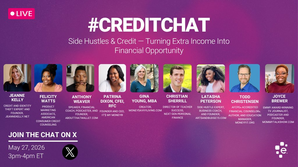 Experian's tweet photo. Don’t miss tomorrow’s #CreditChat about side hustles: We’ll be joined by: @ACCreditCounsel, @creditscoop, @aboutthatwallet, @itsmymoney_, @MoneySavvyLife, @IamLaPeterson, @fersherrill, @MoneyFitbyDRS, and @MommyTalkShow: https://t.co/fWgckfpra0 https://t.co/gMVvXco4Np