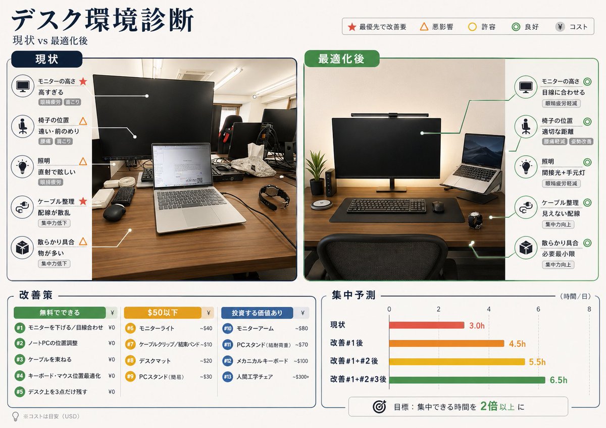 NextLab2026's tweet photo. AIでデスク周りの最適化診断をしてみまシタ！
言うは易く行うは難シ！！ https://t.co/WeuWNTEnxd
