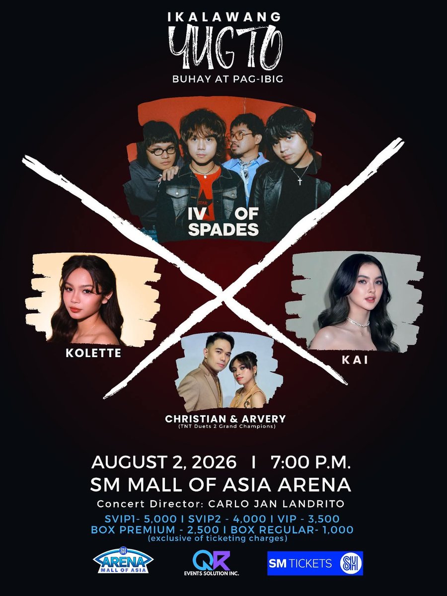 philconcerts's tweet photo. IV of Spades Returns to MOA Arena, Headlines "Ikalawang Yugto: Buhay at Pag-Ibig" on August 2, 2026

MANILA, Philippines, -  Riding high on the massive success of their latest hit single, "Kabisado" currently one of the hottest tracks on the Billboard Philippines, Spotify, and Apple Music charts, as well as on major local radio stations, acclaimed rock band IV of Spades is set to return to the Mall of Asia Arena on August 2, 2026, to headline "Ikalawang YUGTO: Buhay at Pag-Ibig."

Joining IV of Spades; composed of Unique Salonga (lead vocals/rhythm guitar), Zild Benitez (vocals/bass/keyboards), Blaster Silonga (vocals/lead guitar), and Badjao De Castro (drums/backing vocals) for this landmark sophomore edition are Pinoy Big Brother Gen 11 standouts Kai Montinola and Kolette Madelo, alongside Tawag Ng Tanghalan (TNT) Season 2 Grand Duets Champions Arvery Lagoring and Christian Tibayan (ArChan).

Conceptualized as a dynamic concert series, "YUGTO" celebrates contemporary Original Pilipino Music (OPM) by bringing together live performances from artists who have profoundly captured the hearts of music lovers through their artistry and inspiring journeys.

Concert tickets will officially go on sale online and over the counter this coming Friday, May 29, 2026 via SM Tickets at https://t.co/U6w8IrwV2v or by visiting any SM Tickets outlet nationwide.