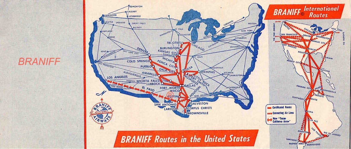 BraniffIntl's tweet photo. BRANIFF HIGH ALTITUDE - Photo 2: Braniff International Airways' Domestic and International Timetable dated May 1951, featured the new ABC Interchange schedules. The front cover of the timetable featured large block Braniff International Airways script in white over a red background. The center of the timetable featured a Latin American destination and a traveler who was preparing her camera for the next great shot. A small box at the lower right corner featured white lettering on a red background that stated, "Braniff Skyway to Summer Fun." On the back cover, a domestic and international route map depicted the new interchange route.

Braniff Airways Foundation
Copyright 1926 2026

Photo 1,2: Braniff Airways, Incorporated, Copyright
Braniff International Heritage Archives
Now Associated with The University of Texas at Dallas System
Braniff Airways Space Sciences Endowment

https://t.co/fkQs4q0OFL
https://t.co/dxaRBgJvxE
https://t.co/rurojxHifZ
https://t.co/fDvnT9QrE0
