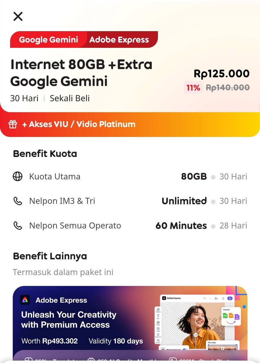 clypsonabastala's tweet photo. @indosat pagi saya beli paket ini, gimana cara ativasi google gemini dan viu ya? https://t.co/yoWuMpRVbr