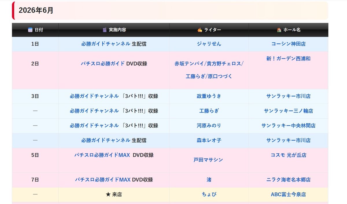 guide_Writer_'s tweet photo. 【2026年6月のスケジュール】   
情報を更新しました！
（5月27日）     
情報は随時更新していきます📷  
  
スケジュールページはこちら↓  
https://t.co/HBkGo1qy75

#PR https://t.co/jY8WBW1yov