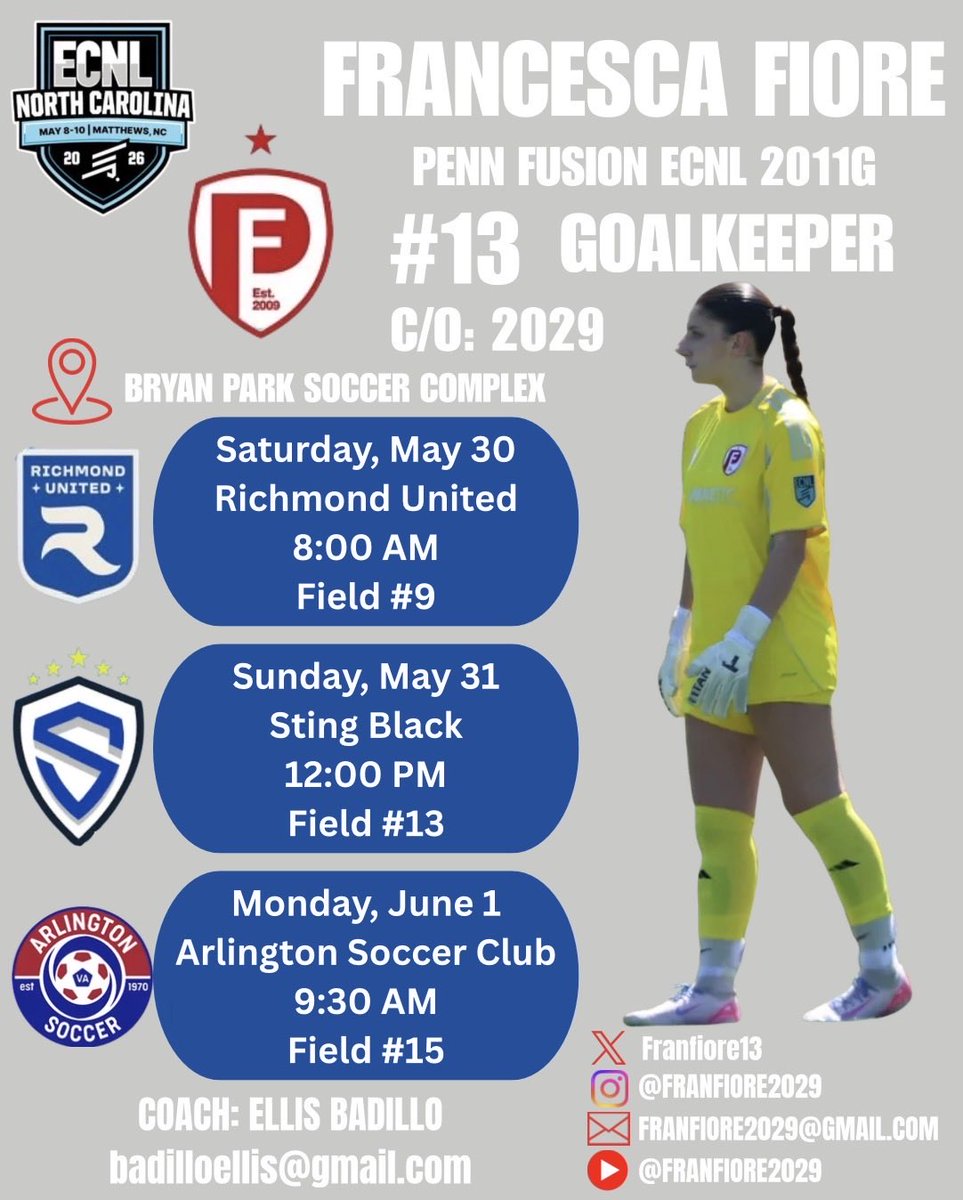 FranFiore13's tweet photo. ECNL North Carolina showcase schedule‼️‼️So #hype to get on the field with my team this weekend!! Great #competition means great games‼️@PrepSoccer @TheSoccerWire @ugkalliance @TopDrawerSoccer @ECNLgirls https://t.co/llOVitO5la