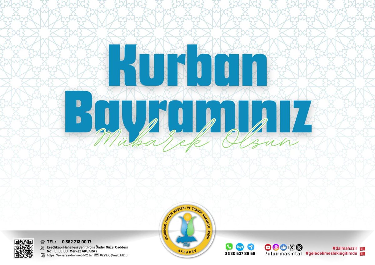 UluirmakMtal's tweet photo. Kurban Bayramınız mübarek olsun.
#daimahazır🇹🇷
#gelecekmeslekieğitimde🇹🇷 https://t.co/CIgDpSZ0EE