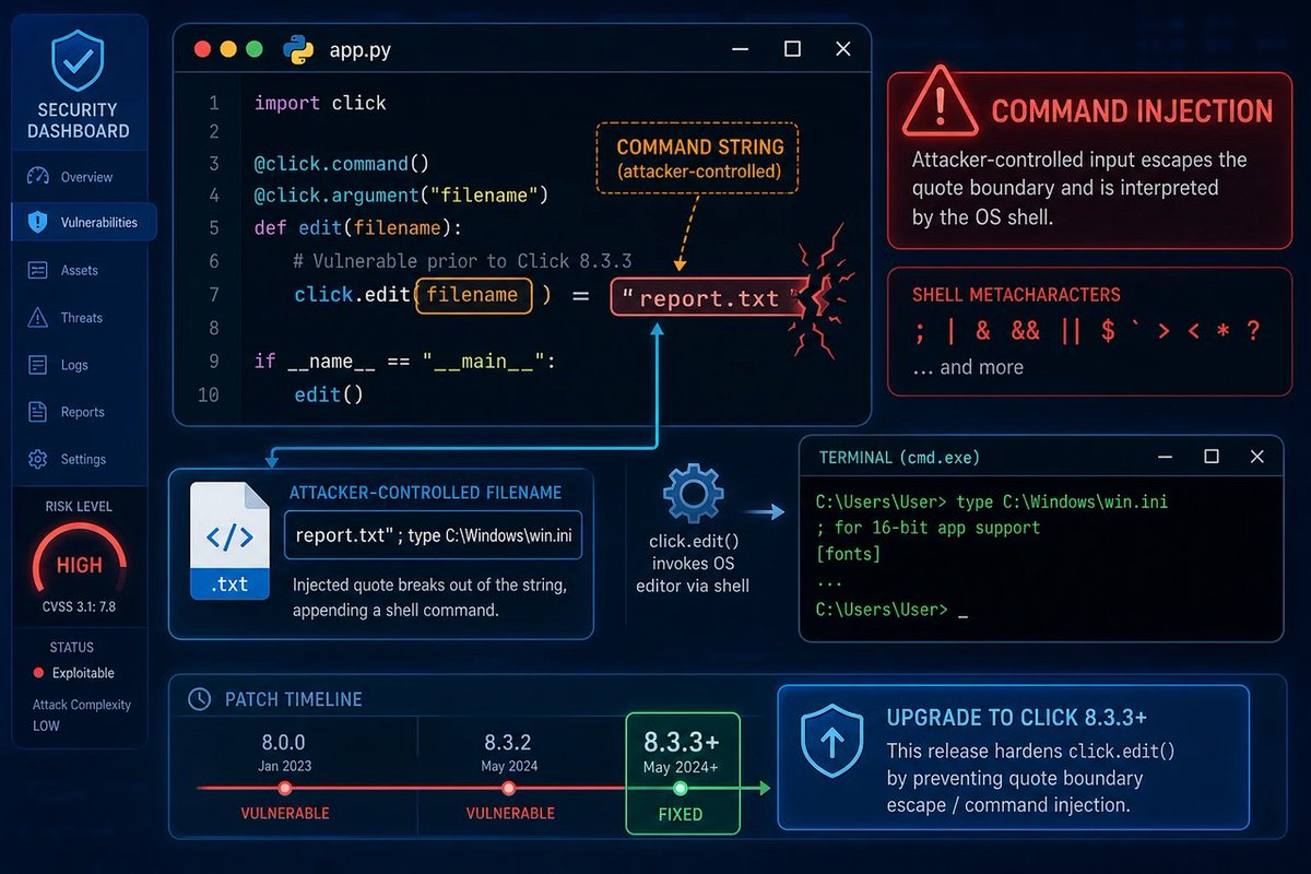 windowsforum's tweet photo. 😬 Command injection via a “click” helper is peak 2026: the safest-looking filename becomes a shell escape hatch. This matters because devs trust plumbing utilities—patch 8.3.3+. #Windows #Security #Microsoft
https://t.co/7OC9Sf3lQa
#CommandInjection #PythonSecurity #Cve20267246 https://t.co/V8Mw0PirNb