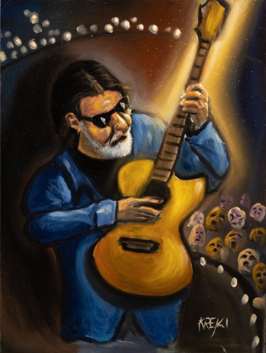 paintwithrick's tweet photo. Self portrait KREJCI playing guitar. The Rick and Lisa Experience https://t.co/MdmSn0kIx7