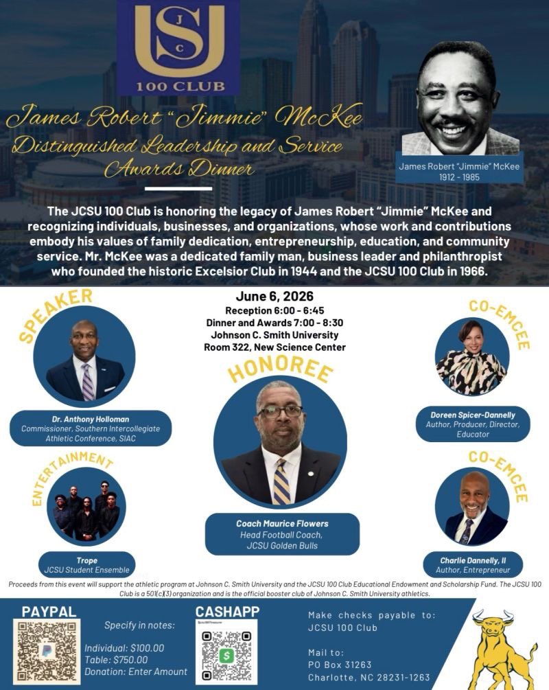 TheSIAC's tweet photo. The JCSU 100 Club will welcome SIAC Commissioner Anthony Holloman, Ed.D., a proud Johnson C. Smith University alumnus and JCSU Athletics Hall of Famer, as the featured speaker for the James Robert “Jimmie” McKee Distinguished Leadership and Service Awards Dinner on June 6 at Johnson C. Smith University. 🏛️✨