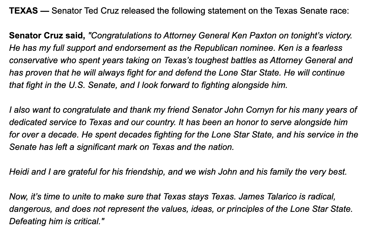birenbomb's tweet photo. Ted Cruz on #txsen: "It's time to unite to make sure that Texas stays Texas. James Talarico is radical, dangerous, and does not represent the values, ideas, or principles of the Lone Star State. Defeating him is critical." https://t.co/dlUSEcRF61