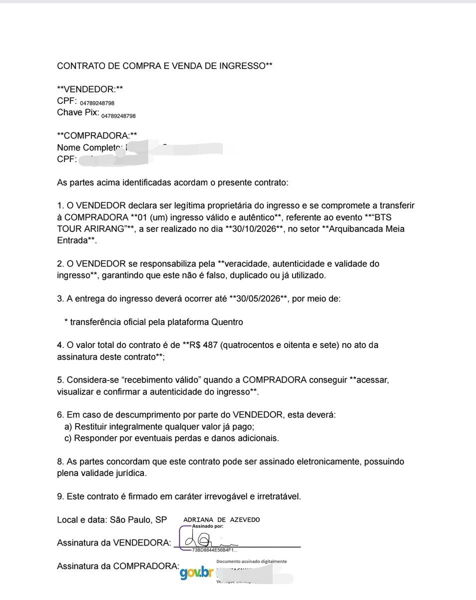 avisodegolpe's tweet photo. 🚨 ALERTA DE GOLPE PRA CONTRATOS 

tomem muito cuidado com contratos podres assim gente, a assinatura do vendedor não é via gov, ilegível e o CPF é de uma pessoa nada a ver!

a chave pix também não existe 🤒

telefone: 21 97289-8224
nome: adriana de azevedo (dado roubado) https://t.co/5bWOqmWPWf