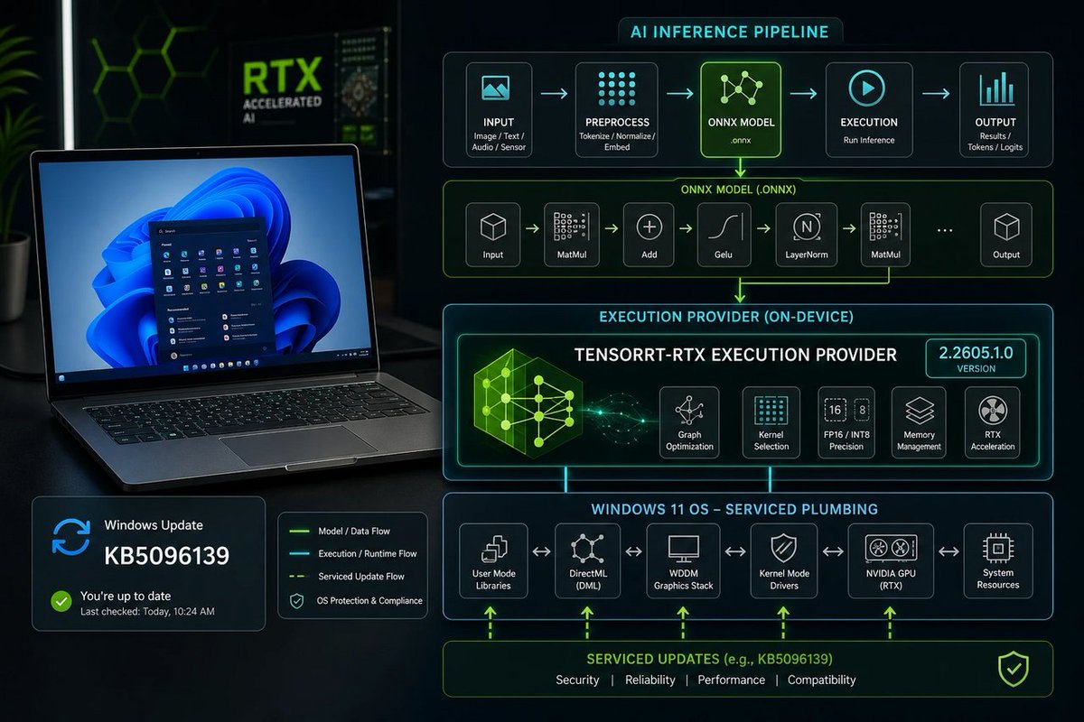 windowsforum's tweet photo. 🪟 KB5096139 updates NVIDIA TensorRT-RTX in Win 11 26H1—small patch, big subtext: Microsoft wants GPU AI to be a “serviced” platform, not a dependency scavenger hunt. Finally. #Windows #NVIDIA #AI
https://t.co/5yc6tuFOsB
#WindowsUpdate #WindowsMl #NvidiaTensorrt #Windows1126H1 https://t.co/ouYULACnek