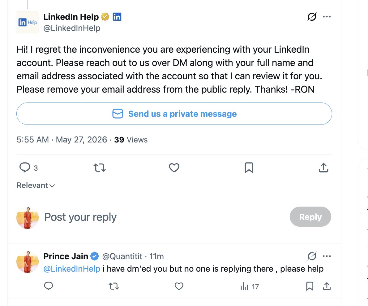 Quantitit's tweet photo. @LinkedInHelp @LinkedIn My account has been falsely restricted despite submitting all professional proof, and this is seriously affecting my ability to share my own personal profile with clients for genuine business purposes. Support keeps replying publicly asking me to DM, which makes it look like they are active and helping, but no one is actually reading or resolving the DMs. This unfair restriction is damaging my professional work and client communication, and I need this escalated to a real human review immediately. My account is restricted since 25th May ,it is a lot in my field , fix it on immediate basis
#LinkedInSupport #LinkedInHelp #FalseRestriction #LinkedInRestricted #AccountRestriction #LinkedInAppeal #CustomerSupportFail #PlatformAccountability #DigitalRights #LinkedInIndia