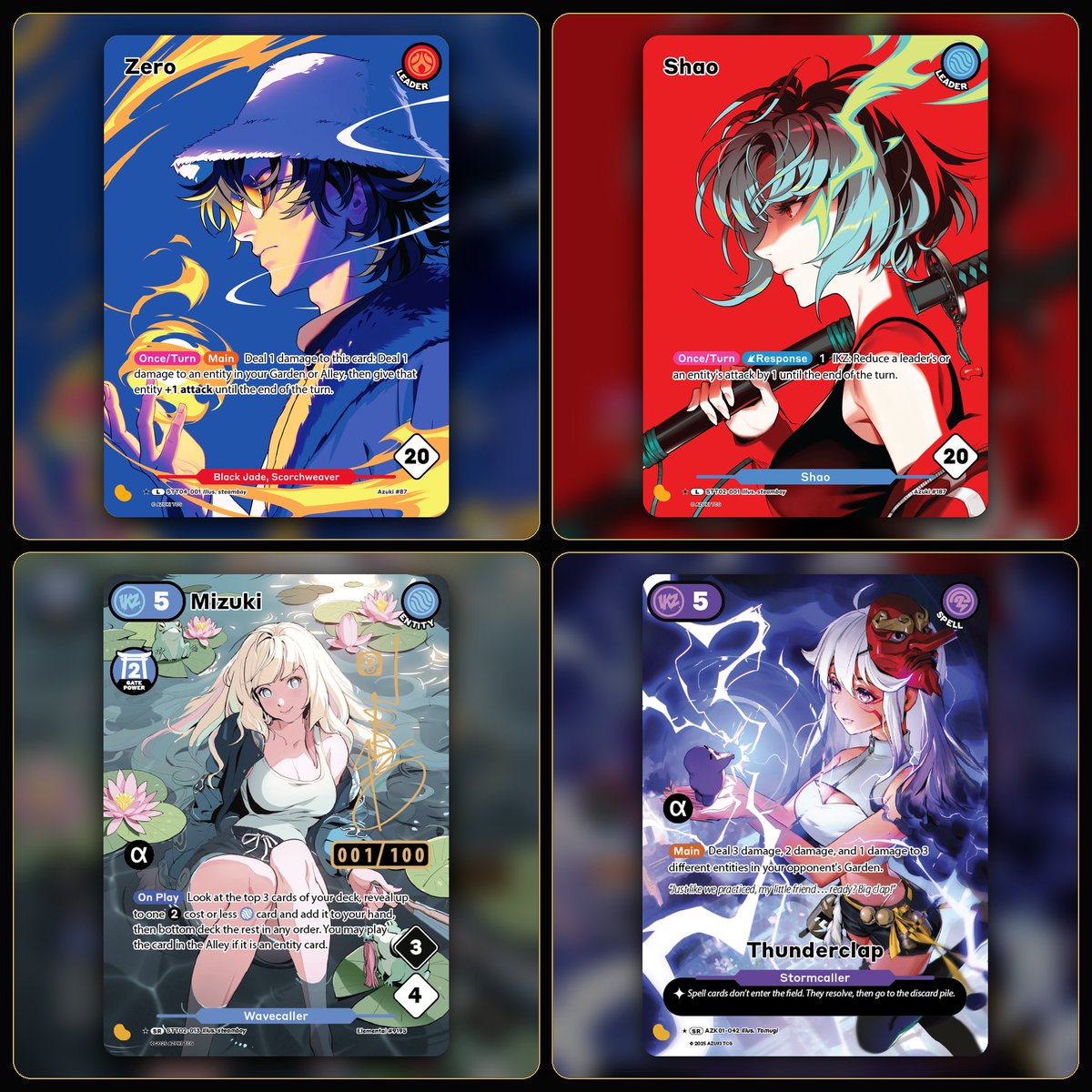 f10wer's tweet photo. WTT Azuki TCG presale cases for multiple cards：serialized Mizuki, Thunderclap AA, Zero, and Shao Portrait. https://t.co/HpLZKkoIwu