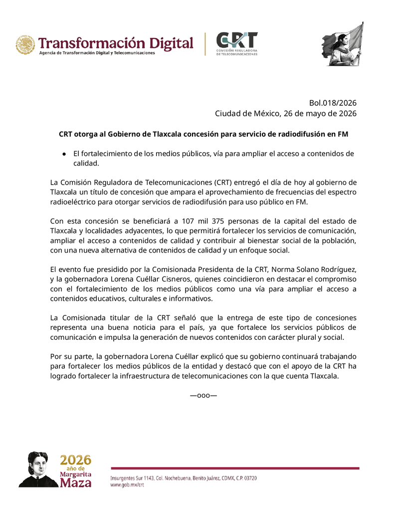CRTGobMX's tweet photo. #BoletínInformativo📢

La CRT otorgó al Gobierno de Tlaxcala una concesión para operar un servicio de radiodifusión pública en FM, beneficiando a más de 107 mil personas. El fortalecimiento de los medios públicos es una vía para ampliar el acceso a contenidos de calidad. 📡📻

https://t.co/SmYYbwDuoe
