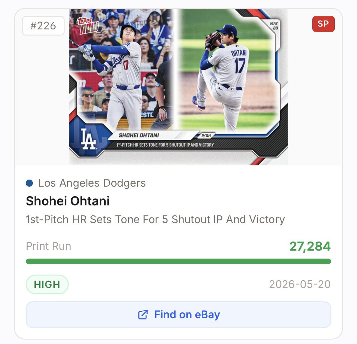 halloflists's tweet photo. 🆕 Topps NOW print run (PR) is out!

 #226 Shohei Ohtani (Dodgers) — /27,284

🔗 https://t.co/UJERWMJL5j

• #224 Sal Stewart (Reds) — /1,905
• #225 Trey Yesavage (Blue Jays) — /1,596
• #226 Shohei Ohtani (Dodgers) — /27,284
• #227 Juan Soto (Mets) — /915
• #228 Adam Macko (Blue Jays) — /809
• #229 Gerrit Cole (Yankees) — /587
• #230 Gabriel Gonzalez (Twins) — /519
• #231 Roger Clemens (Red Sox) — /859
• #232 Stephen Kolek (Royals) — /480
• #233 Teoscar Hernandez (Dodgers) — /763
• #234 Bryan Torres (Cardinals) — /1,655

#ToppsNOW #Topps #MLB