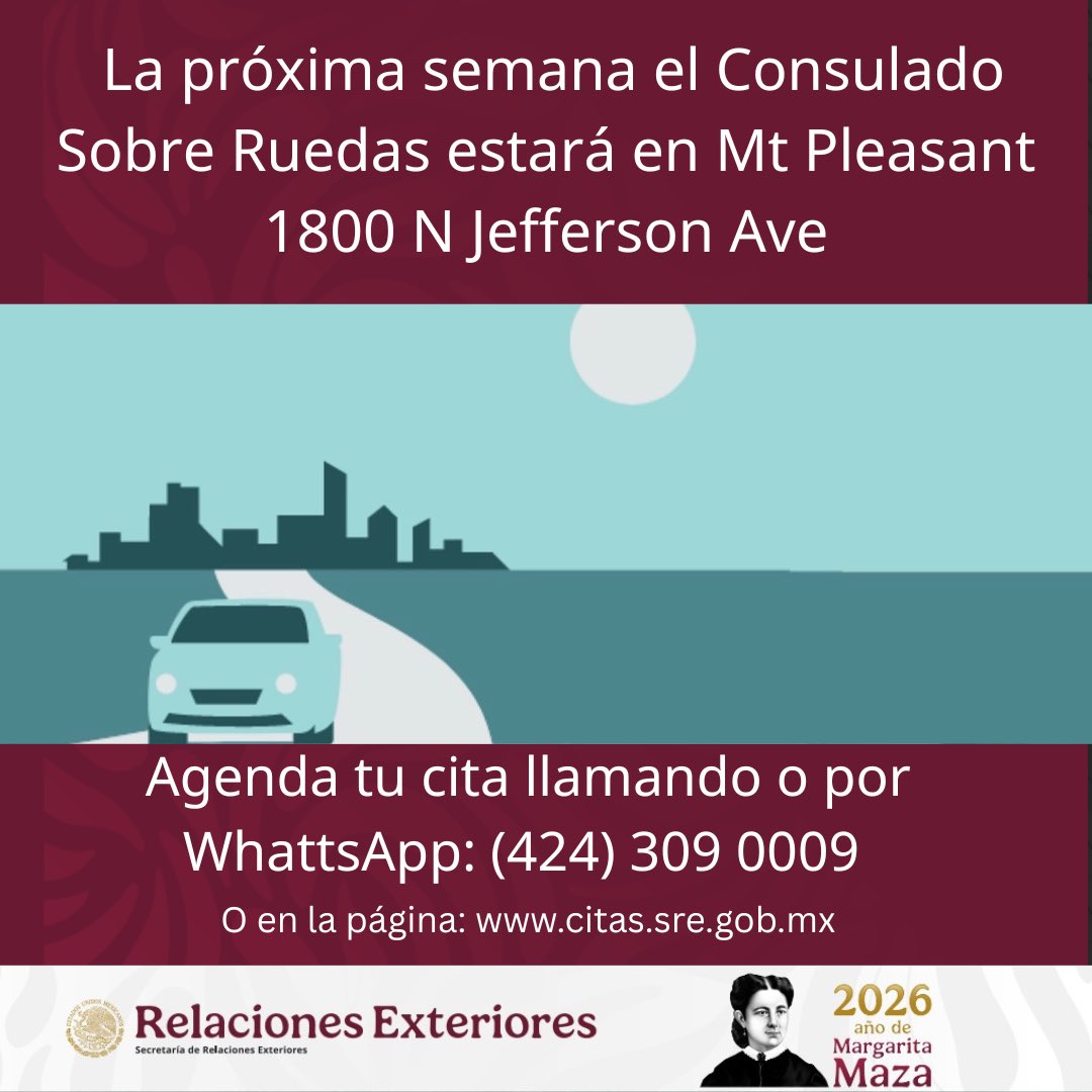 ConsulMexDal's tweet photo. 🚐 ¡Prepárate porque el #ConsuladoSobreRuedas llegará a Mt. Pleasant! 🇲🇽

📍1800 N Jefferson Ave, TX 75455

Realiza tus trámites de:
🪪 Matrícula Consular
📘 Pasaporte
🗳️ Credencial INE

📲 Agenda tu cita por WhatsApp:
(424) 309-000 https://t.co/qTQr6w4DCt