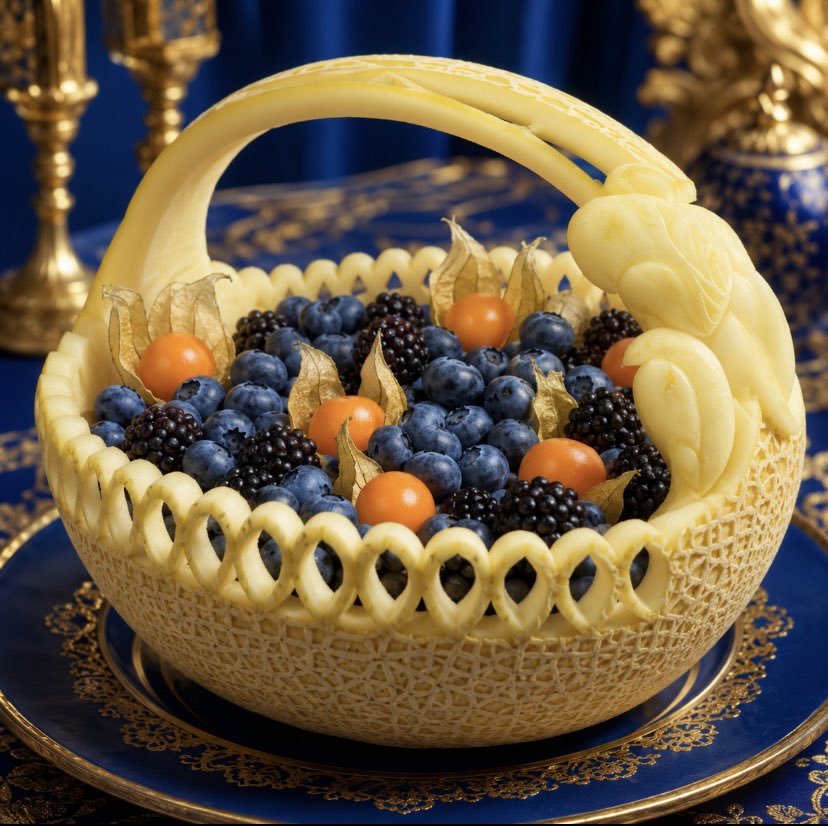 lysuol's tweet photo. One of my sculptures depicting a canary yellow cantaloupe melon, blueberries, blackberries and ground cherries https://t.co/Dkczpwk5Kb